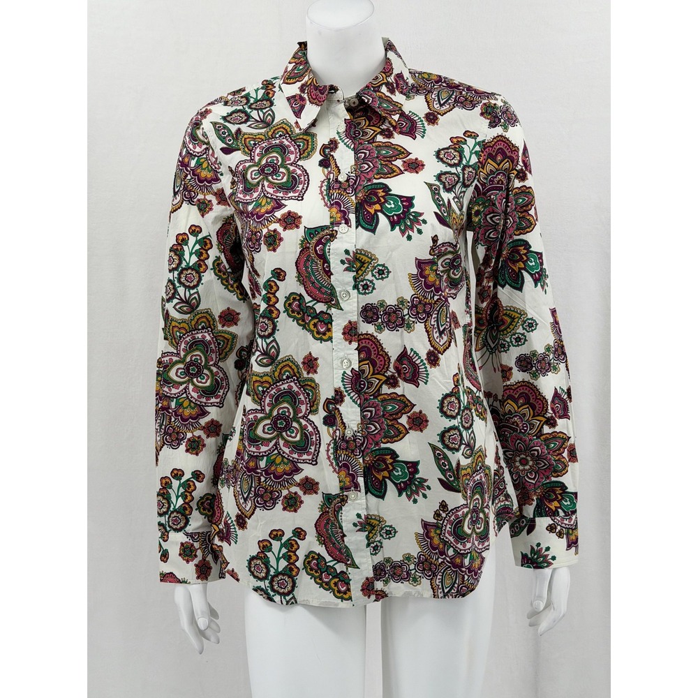 Talbots Top Womens Small Ivory Paisley Floral Button Up Cotton Long Sleeve Boho‎
